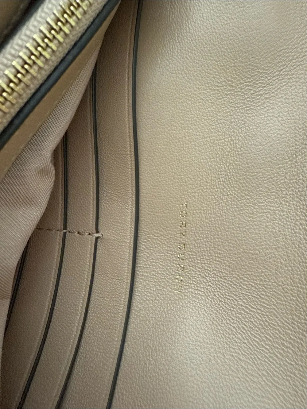 Tory Burch Kira Chevron Leather Small Crossbody Bag Nude with Gold Hardware Logo